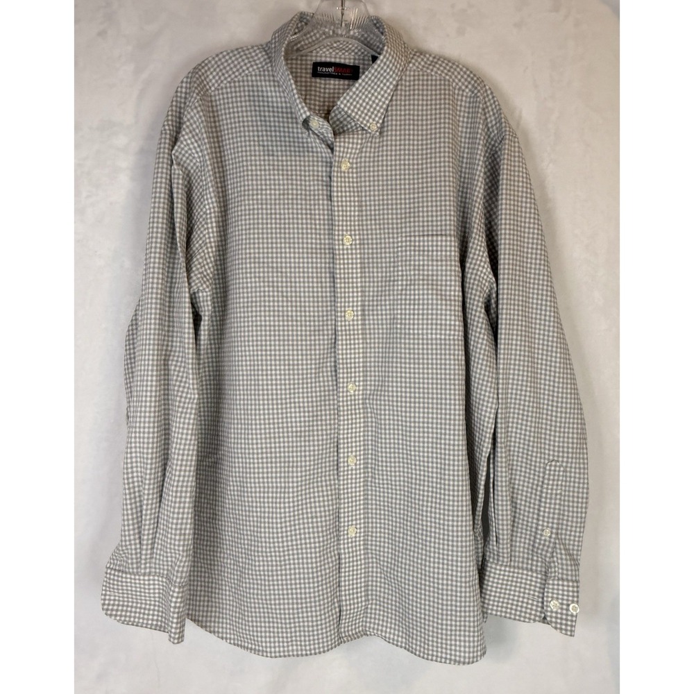 TravelSmart Roundtree & Yorke XL Gray Gingham Button Front Dress‎ Shirt Work